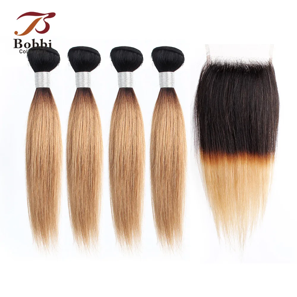 

Bobbi Collection 50G Bundles with Closure 1B 27 Honey Blonde Bundles with Lace Closure Ombre Straight Non-Remy Human Hair Weave