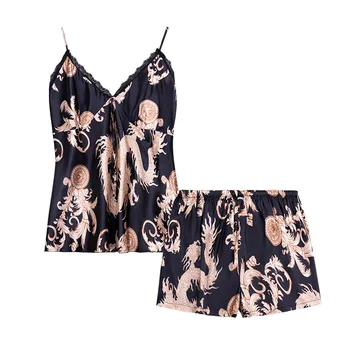 

пижама женская пижама для женщи Sleep Top Women Sexy Pajamas Strap Short Halter Printed Cute Satin Sexy Sleepwear summer clothes