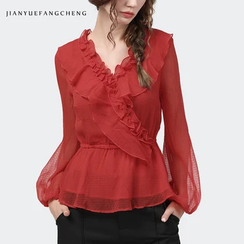 

Fashion Ruffles Women' Chiffon Blouse Lantern long Sleeve V-Neck Elastic Waist Female Tops 2020 Autumn New Korean Casual Tops