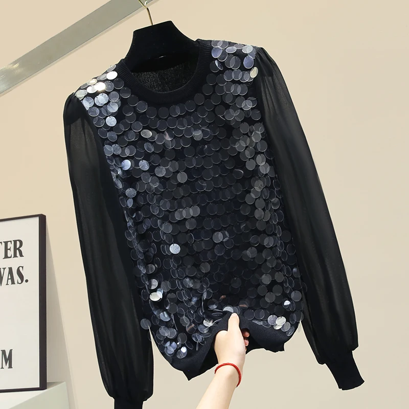 Осень и зима большая с блестками блузка Корейская Свободная рубашка Женская вязанная шифоновая рубашка с рукавами фонариками