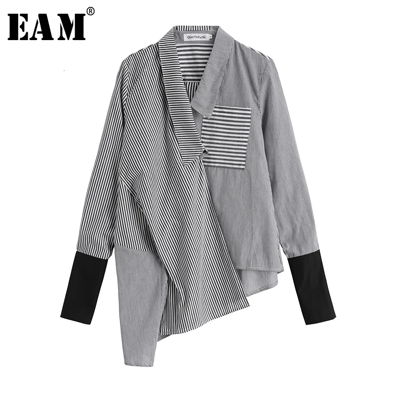  [EAM] Women Black Striped Asymmetrical Split Joint Blouse New Lapel Long Sleeve Loose Fit Shirt Fas