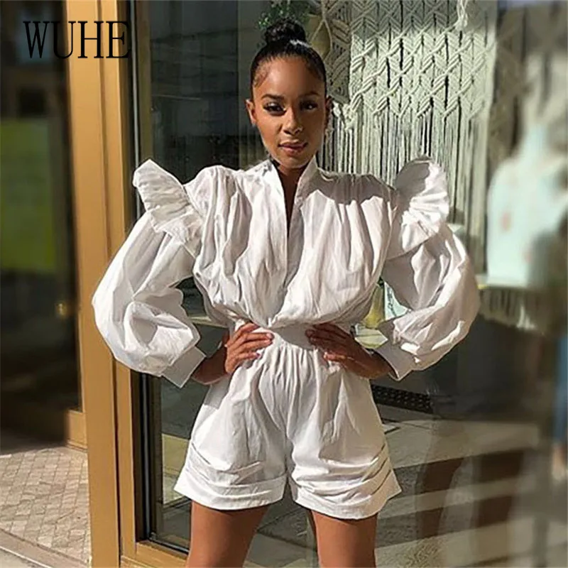 

WUHE White Sexy V-Neck Rompers Full Sleeve Ruffled Women Bodysuits Summer Casual Loose Fitness Street Party Club Jumpsuits