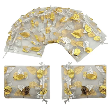 

100Pcs 9X12cm Organza Jewelry Gift Pouch Candy Pouch Drawstring Wedding Favor Bags (Silver-Gold Leaf)