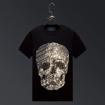 

Plus Size 2020 Fashion Skull Rhinestones T Shirts Men Brand Short Sleeve Man Streetwear O Neck Slim Tshirts Camisetas Hombre 6XL