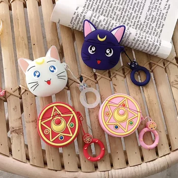 

For AirPods Cases Sailor Moon Luminous Luna Cat Bluetooth Wireless Headphones Charger Box Cover for Apple Airpods 2 Finger Strap