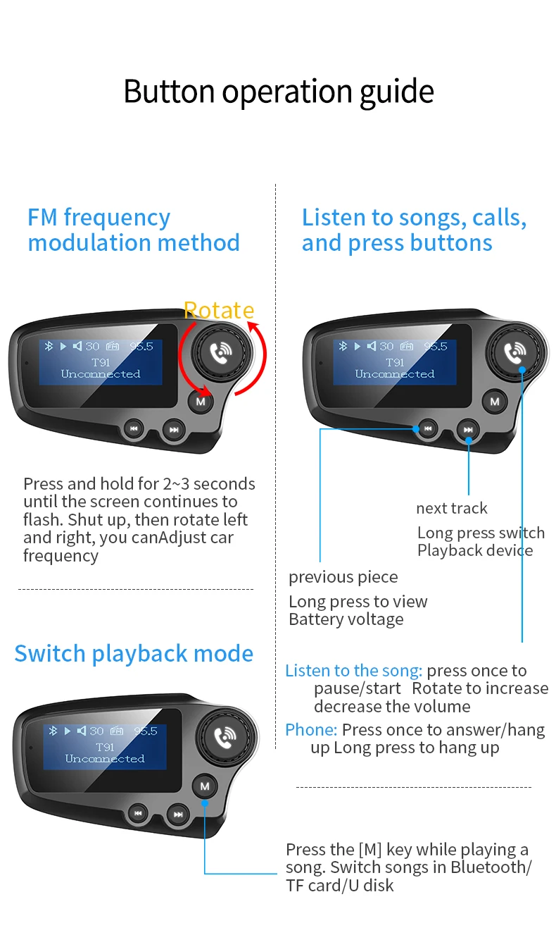 YIBEIKApantalla grande transmisor FM inalabmbrico coche kit manos libres Bluetooth coche MP3 audio con doble carga USB для Xiaomi