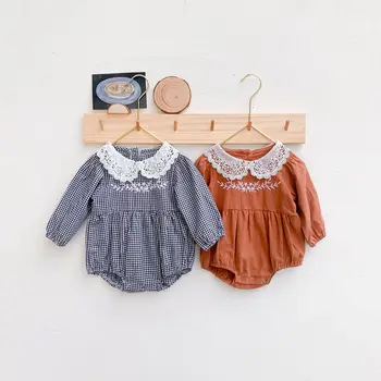 

5242 New Baby Girl Flower Embroidery Bodysuit Long Sleeve Lace Collar Boutique 100 Days Baby Birthday Clothes Infant Outfits