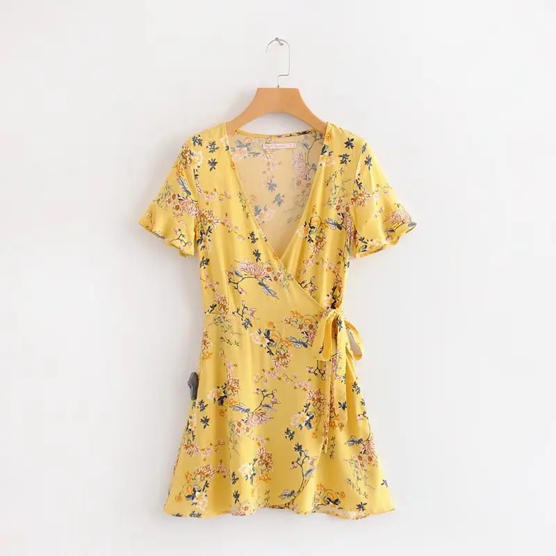 

2018 Western Style Spring And Summer WOMEN'S Dress New Style V-neck Flounced Floral Printed Dress