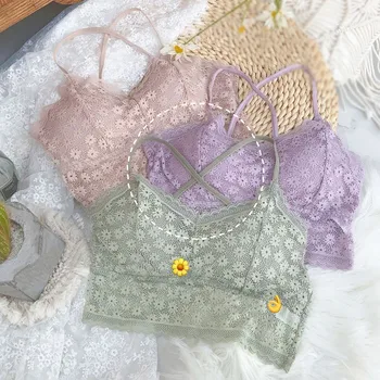 

Women Lace Bra Teenager Girls Cross Beautiful Back Wrapped Chest Underwear Wireless Removable Pad Female Brassiere New Arrival