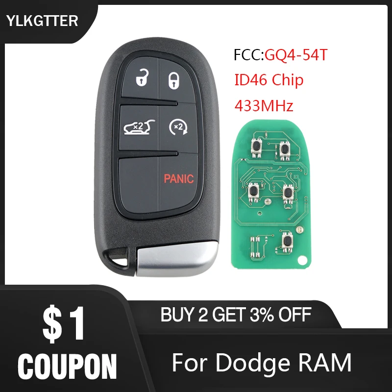 YLKGTTER 5 кнопочный пульт дистанционного управления без ключа для Dodge ram с 433 МГц Keyless Go ID46 чип FCC: GQ4-54T