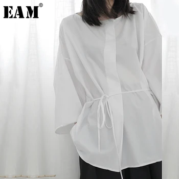 

[EAM] Women Whitr Bandage Big Size Blouse New Round Neck Long Sleeve Loose Fit Shirt Fashion Tide Spring Summer 2020 1U337