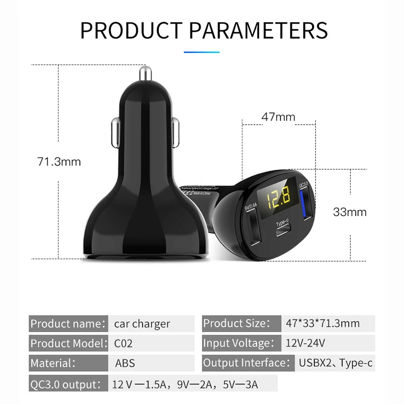 Зарядное устройство типа C, быстрое USB Автомобильное зарядное устройство, цифровой дисплей, QC 3,0, быстрая зарядка для iPhone X XS Max 7, Xiaomi, samsung, мониторинг напряжения