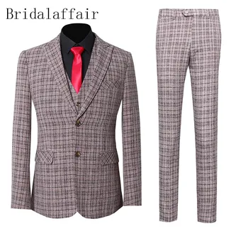 

KUSON Unique Light Brown Suits 2020 Spring New Peak Lapel Men Suits For Casual Slim Party Plaid Suits Jacket with Pants Vest