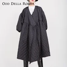 OddDellaRobbia New Winter Korean Vintage Cotton Jacket Lantern Sleeves Rhombus Embossed Long Cotton Jacket Women 560
