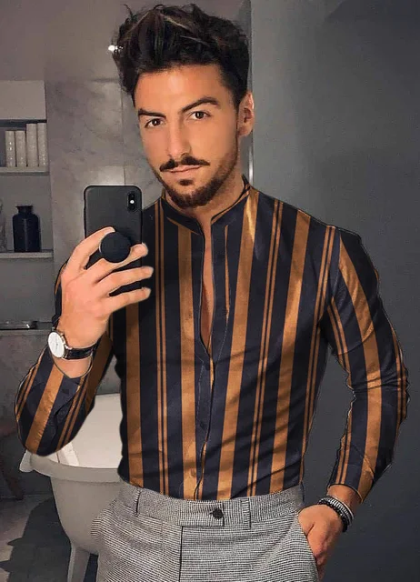Men's Shirt New Hawaiian  Men Single Button Wild  Printed  Male Blouses  Long Sleeved Striped 2021 Orange