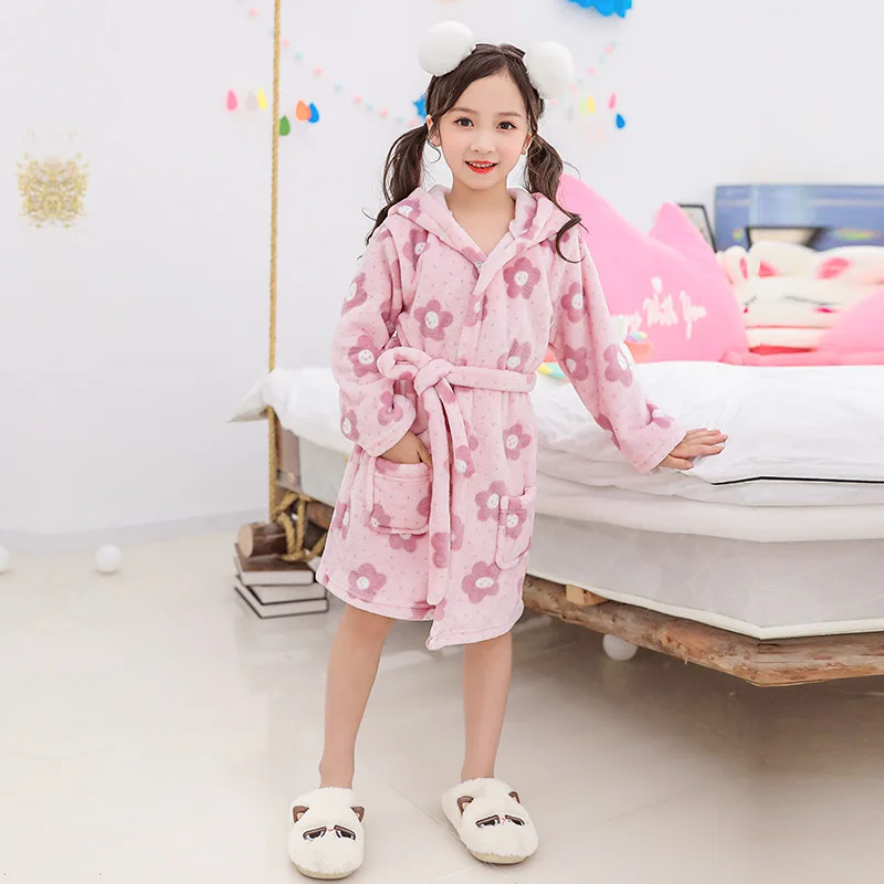 Cartoon Children Flannel Pajamas Boys Girls Robes Soft Thicken Hooded Bath Robes Long Sleeve Warm Lovely Child Home Clothing