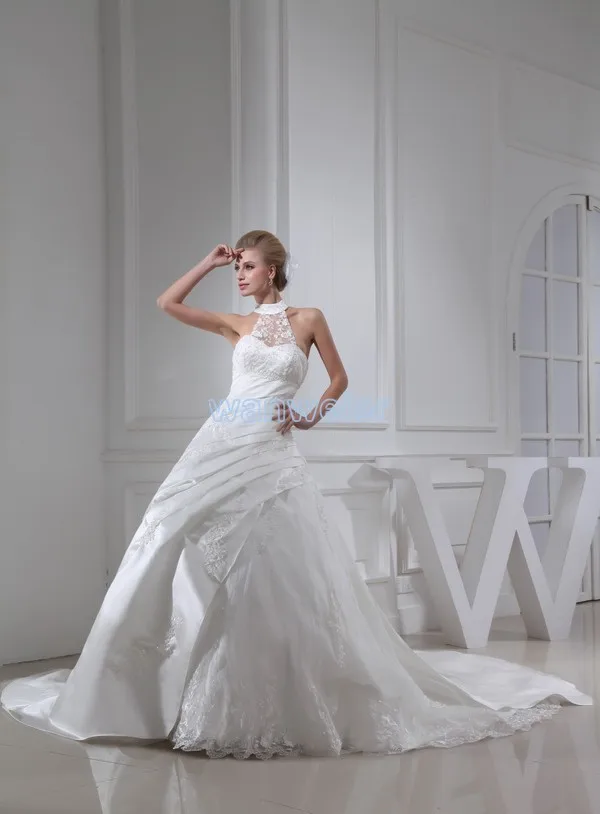 

free shipping 2016 new design fashion girls' dress halter bridal gown small train custom size/color retro white wedding dresses