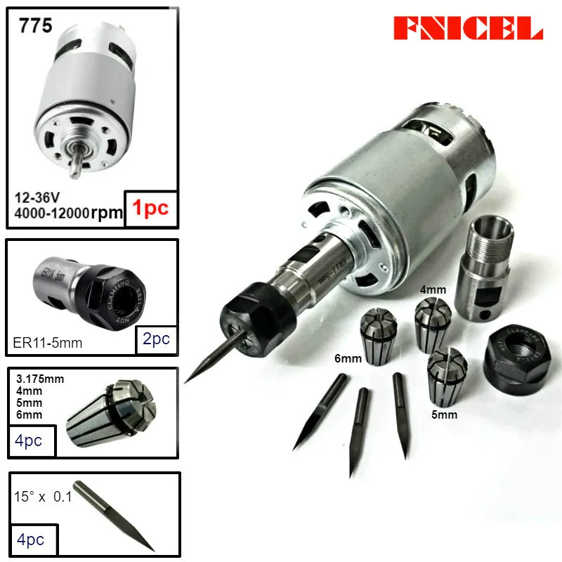 FNICEL 775 двигатель постоянного тока 12-36 в шарикоподшипник мотор шпинделя W/ER11 удлинитель резьба нож для фрезерного станка с ЧПУ 1610/2417 3018