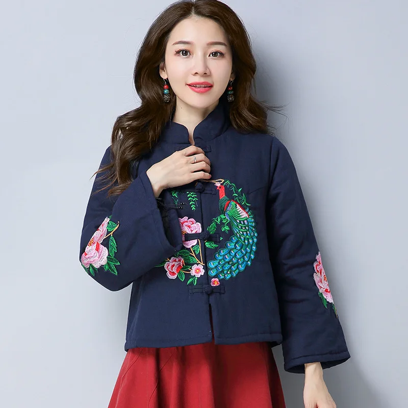 

2572 Autumn And Winter New Style Ethnic-Style Retro Cotton Linen Embroidered Stand Collar Frog Bell Sleeve Short Cotton-padded C
