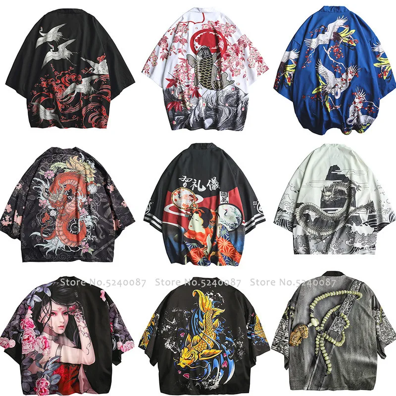 Japanese Style Kimono Cardigan Men Chinese Traditional Dragon Print Robe Samurai Yukata Loose Blouse Haori Coat Asian Streetwear |