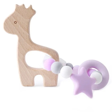 Давайте сделаем детский Прорезыватель 1 шт. браслет пищевой Жираф бук дерево Прорезыватель Милая звезда BPA бесплатные Силиконовые бусы для прорезывания зубов игрушки подарки - Цвет: purple giraffe