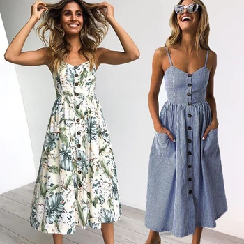 

Vintage Casual Sundress Female Beach Dress Midi Button Backless Polka Dot Striped Women Dress Summer 2020 Boho Sexy Floral Dress