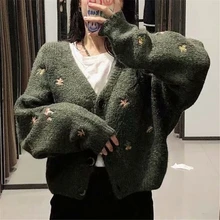 

2021fall Causal Knitted Women's Cardigan Dark Green Sweater Ladies Chic Embroidery Warm Winter Streetwear V-Neck Soft Loose Coat