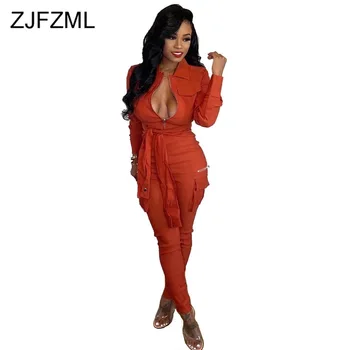 

Streetwear Zipper Front Solid Overalls for Women Long Sleeve Zipper Lace Up Sexy Jumpsuits Plus Size High Waist Bodycon Playsuit