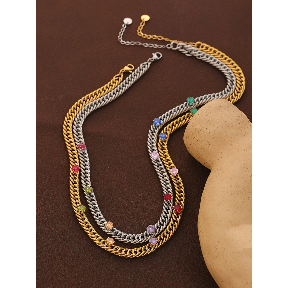 Stainless Steel Chain Necklace Colorful Cubic Zirconia Jewelry - Image 3