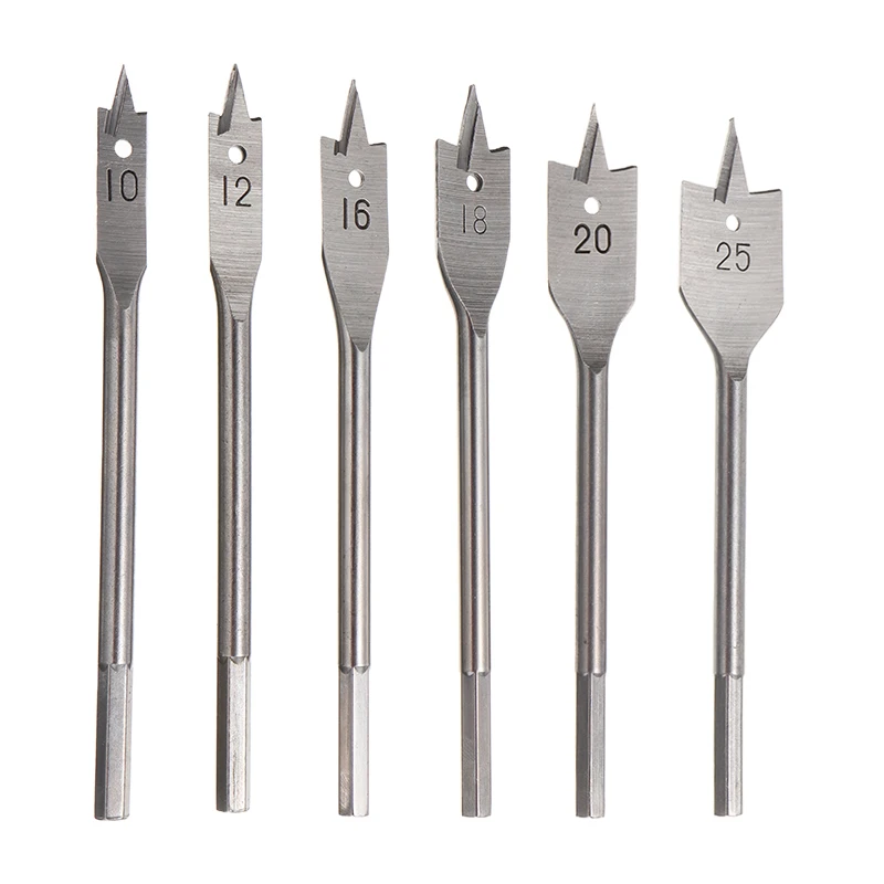 

6pcs Wood Flat Drill Bits Set 10mm to 25mm High Carbon Steel Flat Hex Shank Woodworking Wood Hole Saw Spade Drill Bit