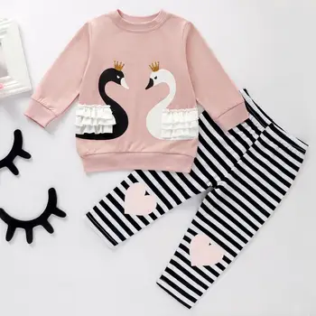 

PatPat 2020 New Spring and Autumn Baby Soft Swan Print Long Sleeve Top for and Striped Pants Set Toddler Girl
