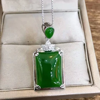 

Natural Hetian jade S925 silver inlaid Jasper square exquisite pendant