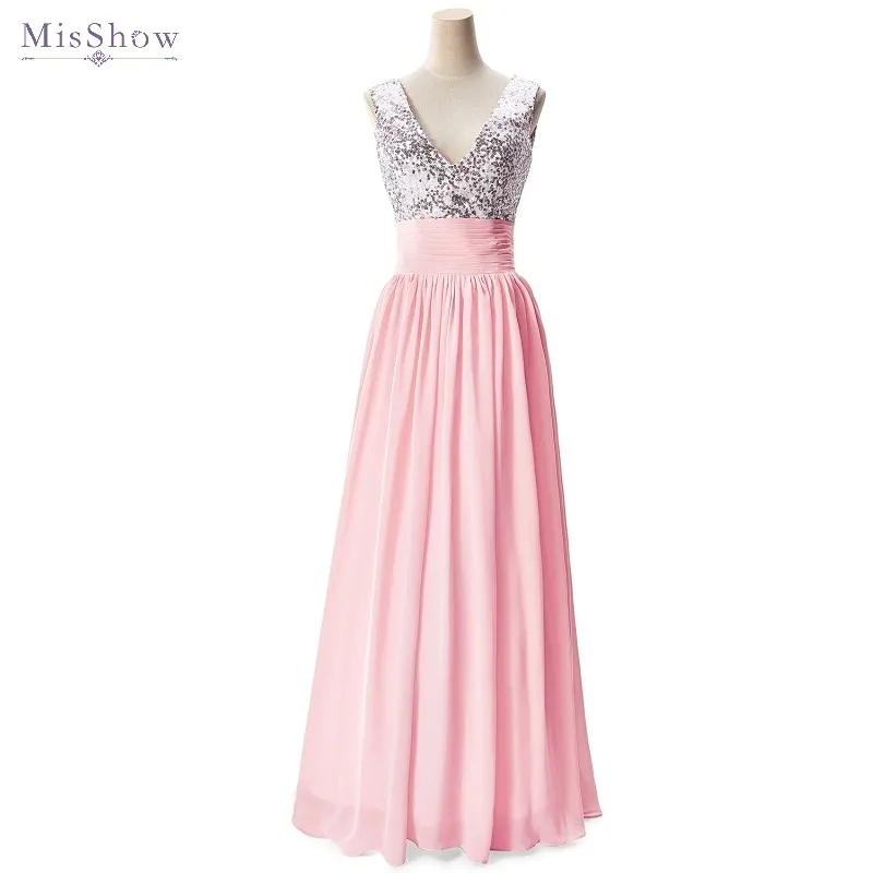 

Pink Chiffon Long Evening Dress 2019 Double V Neck Sleeveless Formal Party Gown Sequined Pleated robe de soiree