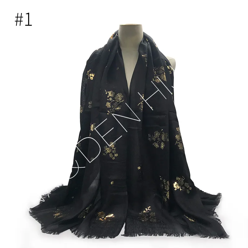 Золотой мерцающий цветок хиджаб шарф бахрома модные шарфы и шали Echarpe роскошный женский мусульманский принт хиджабы - Цвет: 1