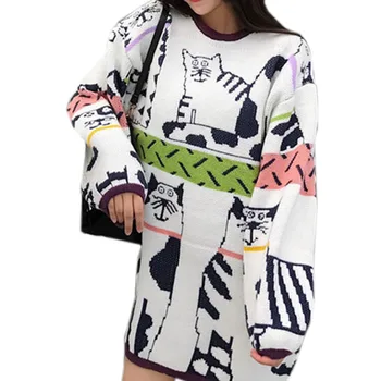 

XUXI 2020 New Women Plus Size Sweater Fashion Spring And Autumn Cartoon Lovely Cat Long Loose O-Neck Pullover FZ0749