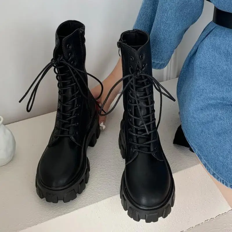 2021 New Mid Tube Boots Women's Autumn and Winter Fashion Lace Up Zipper Boots Mujer Sports Boots Thick Soled High Heels