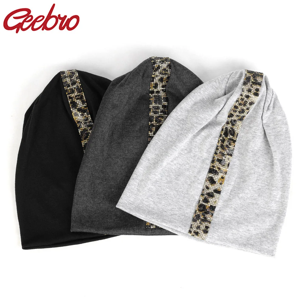 

Geebro New Women's Leopard Rhinestones Stretch Beanies Unisex Cotton Casual For Girls Man Spring Bonnets Skullies Hat Caps DT908