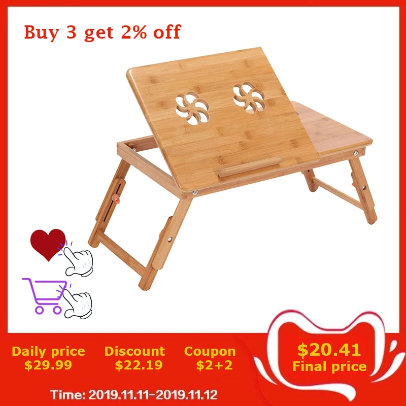 Billige Actionclub Tragbare Falten Bambus Laptop Tisch Sofa Bett Büro Laptop Stand Schreibtisch Mit Fan Bett Tisch Für Computer Notebook Bücher