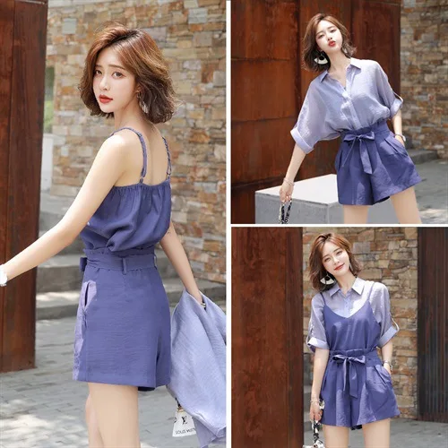 

Korean-style WOMEN'S Suit 2019 Summer New Style Shirt Camisole High-waisted Wide-Leg Shorts Worry Collocation Two-Piece Set W101