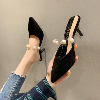 

Female Shoes Slippers Casual Thin Heels String Bead Med Pointed Toe Heeled Mules Slides Platform Flock 2020 Luxury High Soft