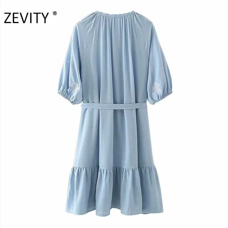 ZEVITY New women vintage v neck flower embroidery hem pleats mini dress female bow tie sashes vestido chic autumn dresses DS4424
