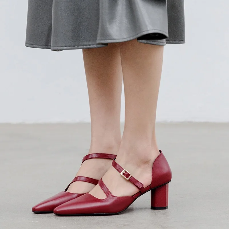 

Hot autumn vintage womens chunky block high heel platform ankle strap buckle leather pumps party wedding shoes black white red