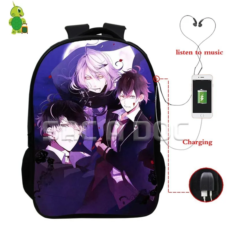 Аниме Diabolik Lovers рюкзаки многофункциональные USB зарядка Разъем для наушников школьный рюкзак для подростков повседневный рюкзак для ноутбука - Цвет: 4