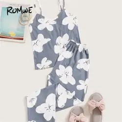 ROMWE цветочные печати Cami пижамы для женщин без рукавов Топ с брюками пижамы повседневный комплект свободных пижам для дам лето осень 2019 Pj