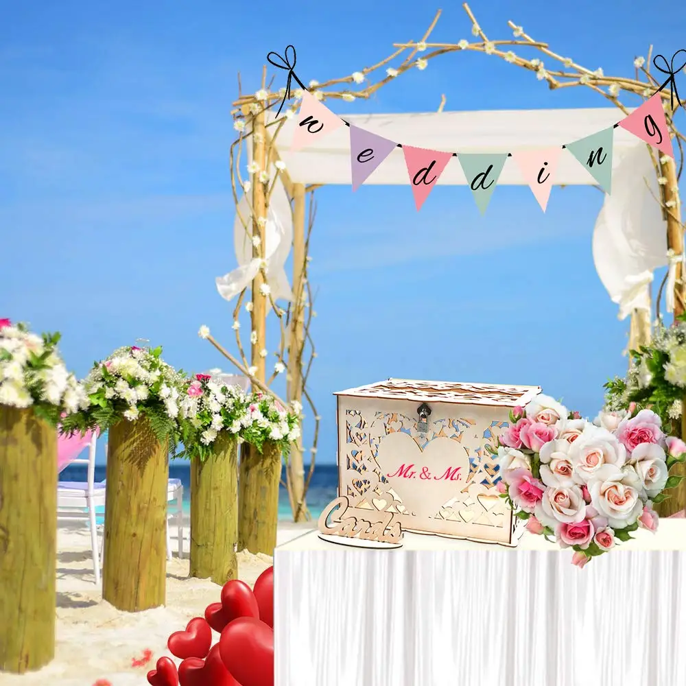 O Heart Diy Wood Wedding Card Box Rustic Gift Box With Lock