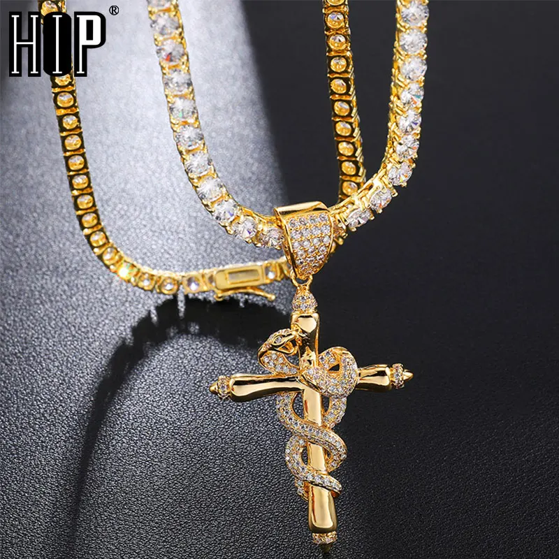 Хип хоп Iced Out AAA микро проложенный красочный кубический цирконий крест подвеска в виде змеи и ожерелье для мужчин раппер ювелирные изделия с теннисная цепочка