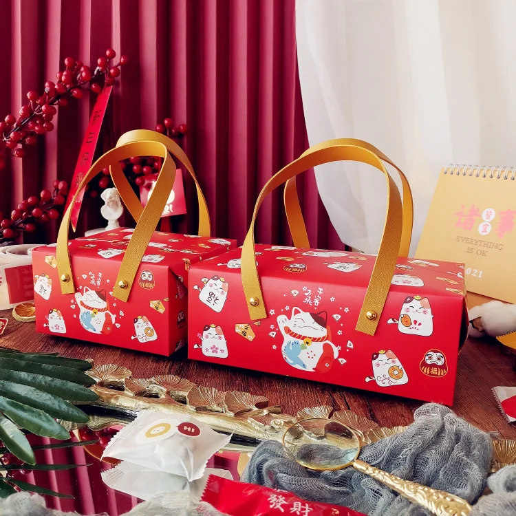 10PCS Happy lucky Cat Portable Paper Box Baking Tea Box Red Leather Handle box Wedding birthday gift holiday packaging Handbag 10PCS Happy lucky Cat Portable Paper Box Baking Tea Box Red Leather Handle box Wedding birthday gift holiday packaging Handbag