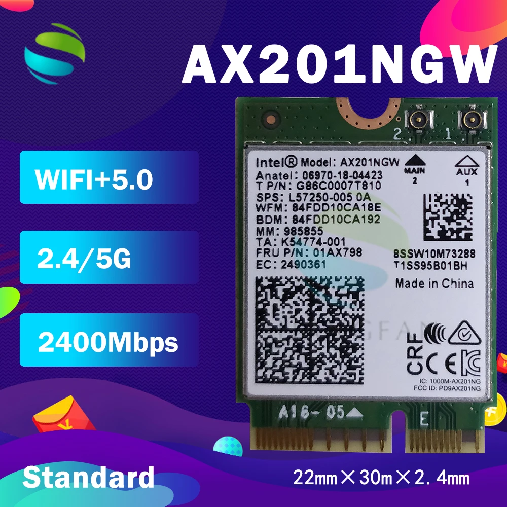 Intel adaptador wi fi 6 ax201, bluetooth 5.0, banda dupla, 2.4 ghz/5 ghz, sem fio, placa wi fi
