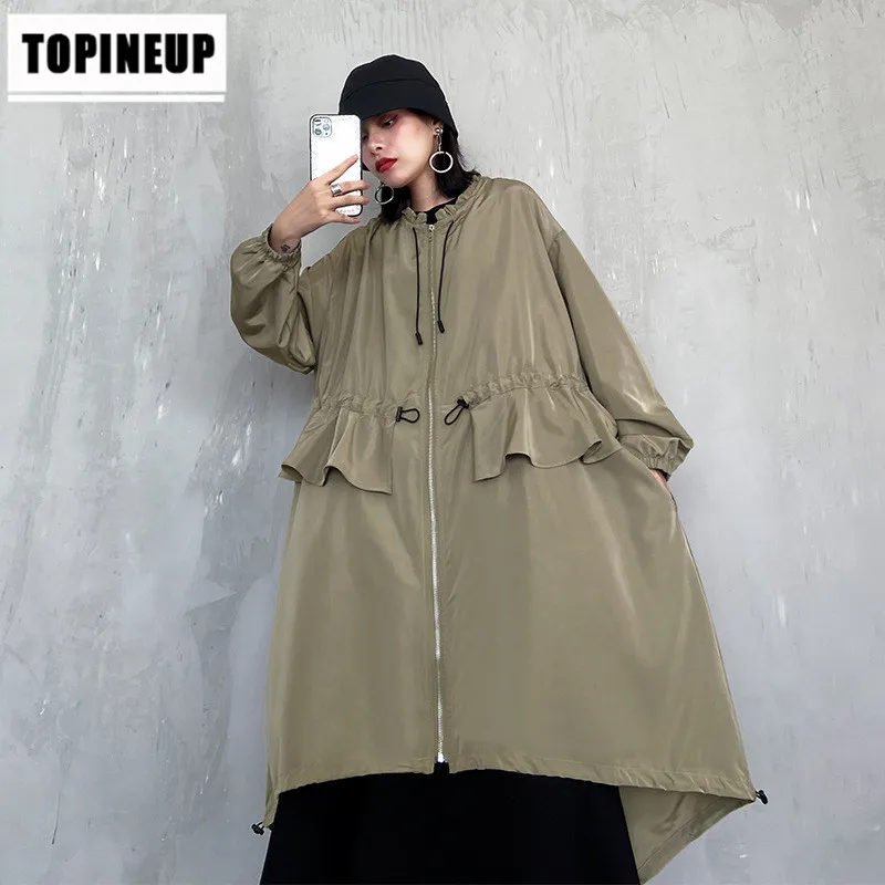 

Loose Fit Black Ruffles Stitch Big Size Female Trench Coats Spring Autumn 2020 New Long Sleeve Women Drawstring Irregular Coat