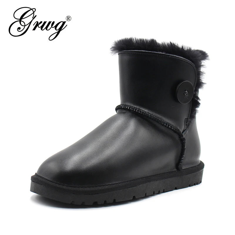 Shoes Waterproof Winter Boots Ankle Black Genuine-Leather Classic GRWG Wool Lined Shearling